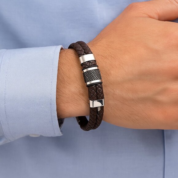 Woven Magnetic Bracelet Simple Pu Leather Stainless Steel 8 Inches Black NEW - Picture 1 of 13